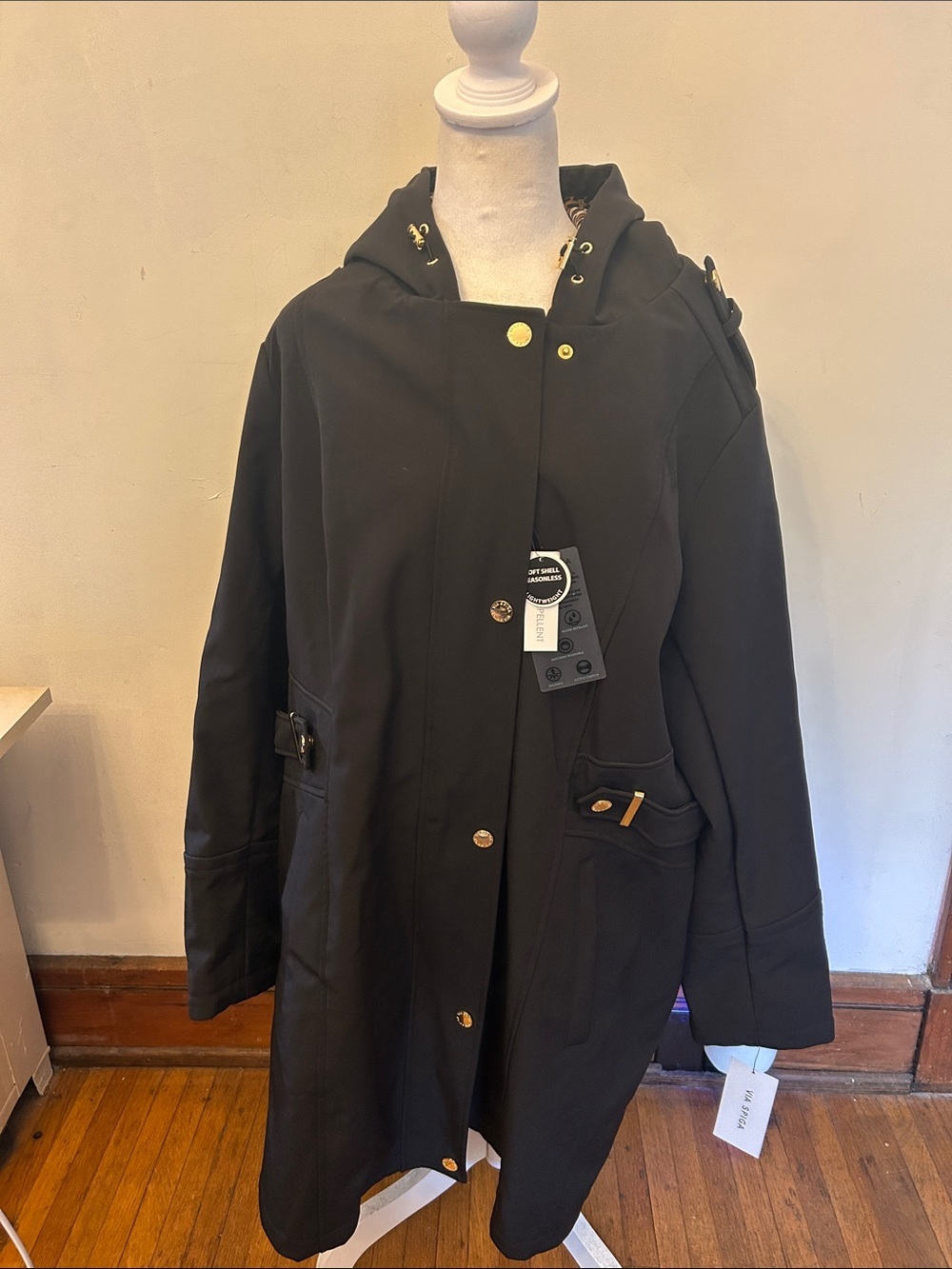 Via Spiga Black Hooded Water Repellant Coat with Gold Hardware Size 2X NWT